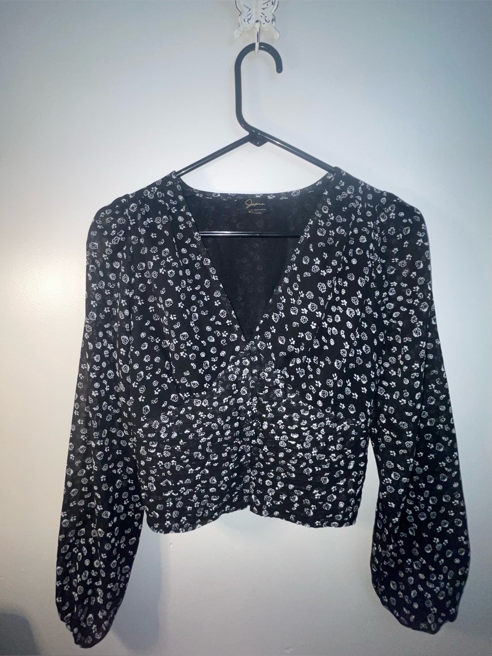 Japna Black Sheer Floral Long Sleeve Blouse